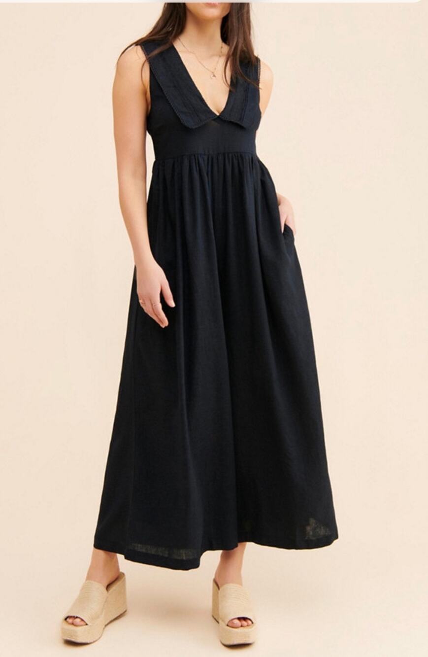 Free People Black Linen Blend Wide Leg Peter Pan Collar Jumpsuit Whimsygoth